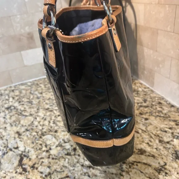 COACH Black Patent Leather Tote with Tan Leather Trim - Picture 3 of 9